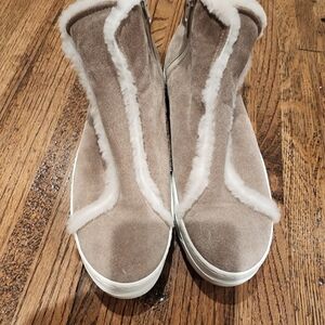 Joyks suede fur-lined taupe ankle winter booties. Made In Italy